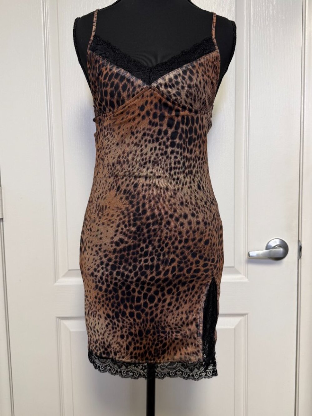 Motel Leopard Print Lace Slip Dress Brown Black Side Slit Size S